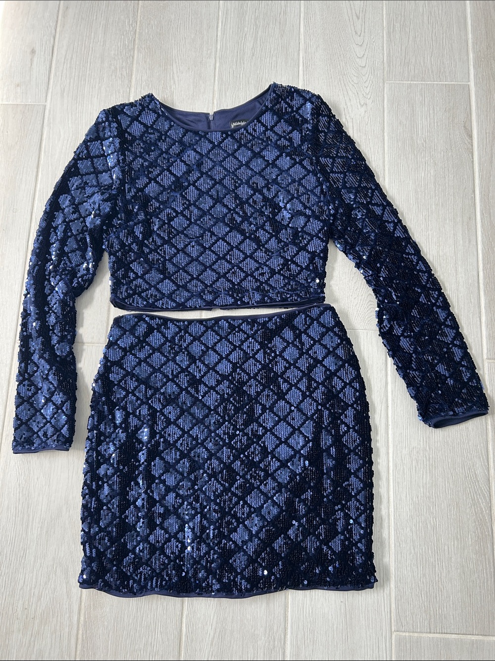 Navy Sequin Two-Piece Crop Top & Skirt Set